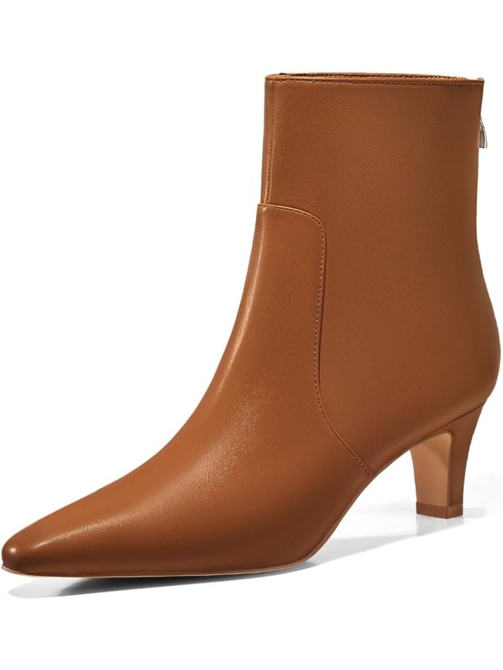 Women's Brown Square Pointed Toe Zipper Low Kitten Heel Short Ankle Booties - Picture 2 of 5